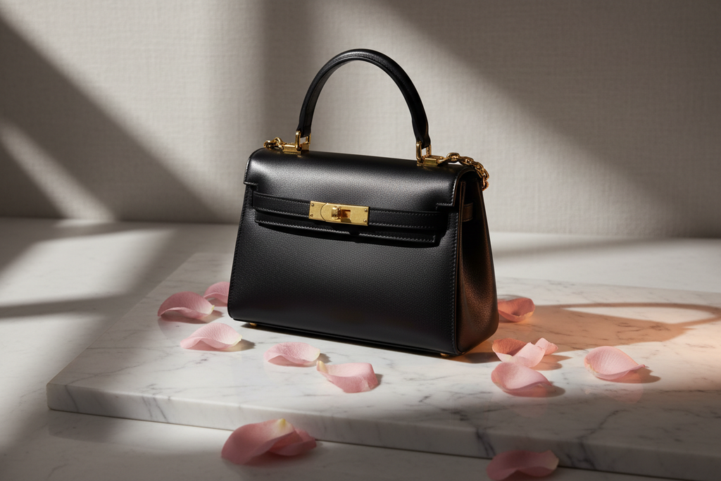Black luxury leather handbag with gold hardware on white marble