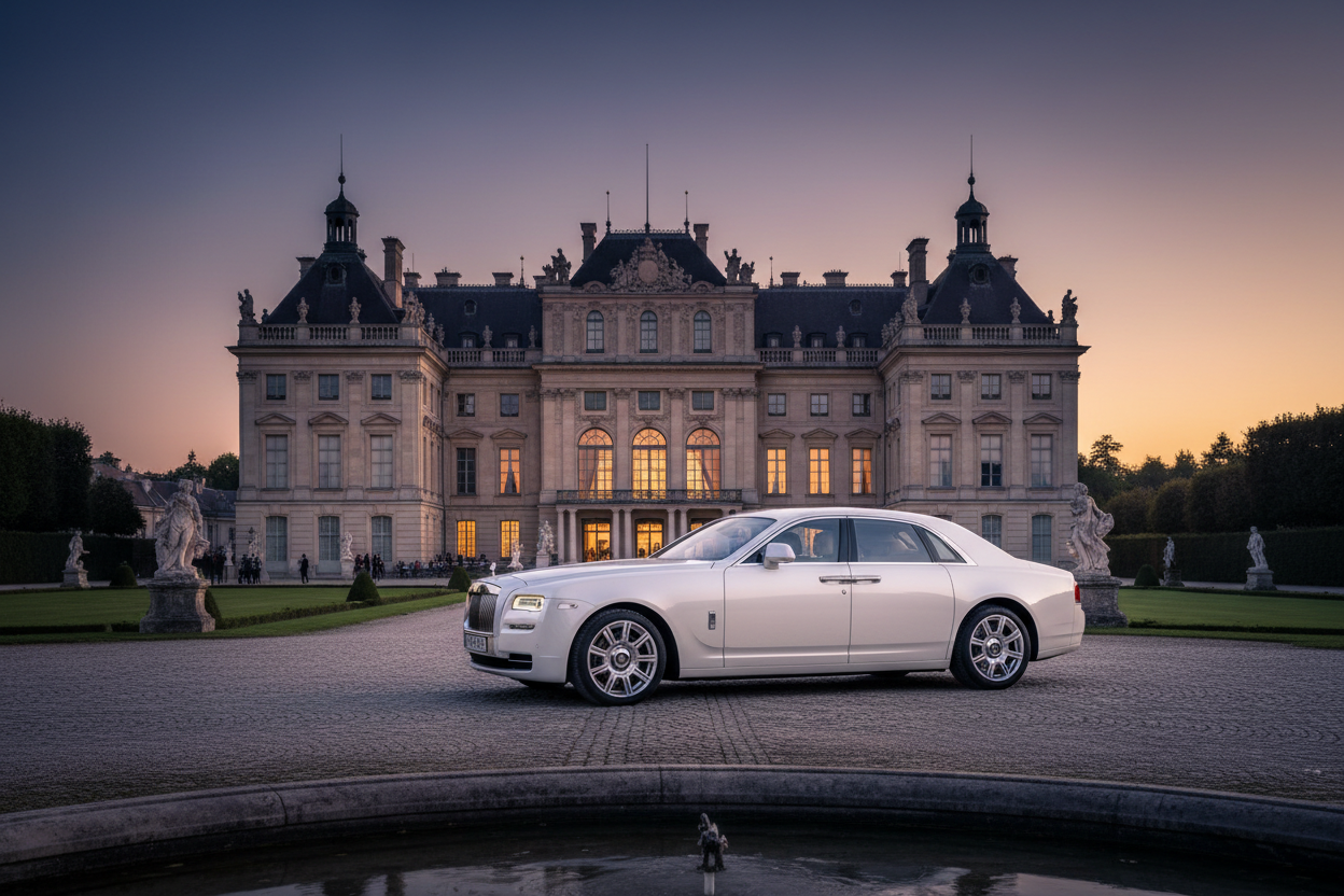 White Rolls-Royce Ghost in front of European palace at dusk