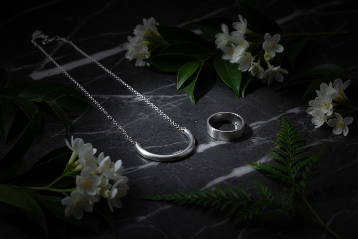 Men's minimalist sterling silver jewelry set with dark leaves and flowers