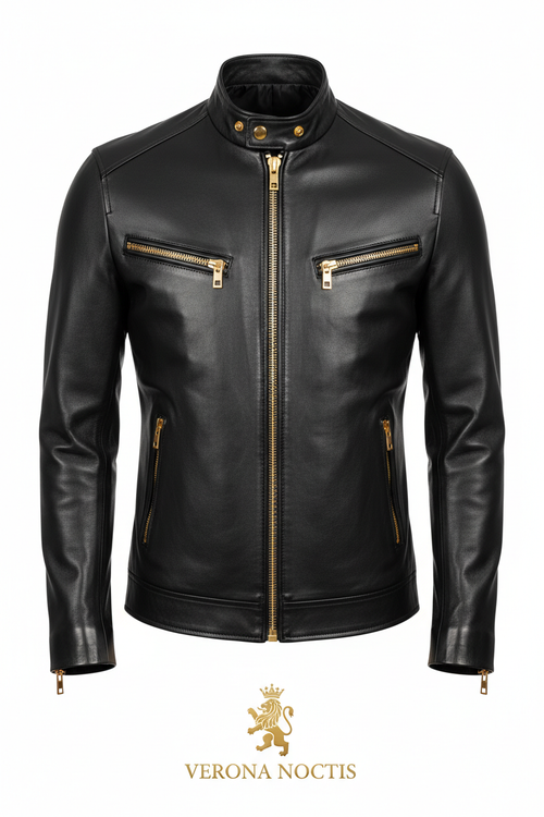 Men's luxury black leather jacket gold edition