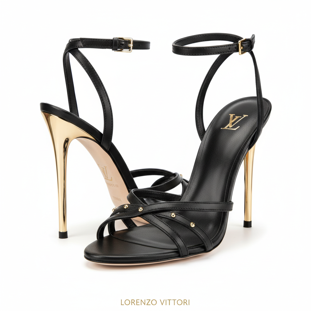 Women's luxury black stiletto sandals gold heel