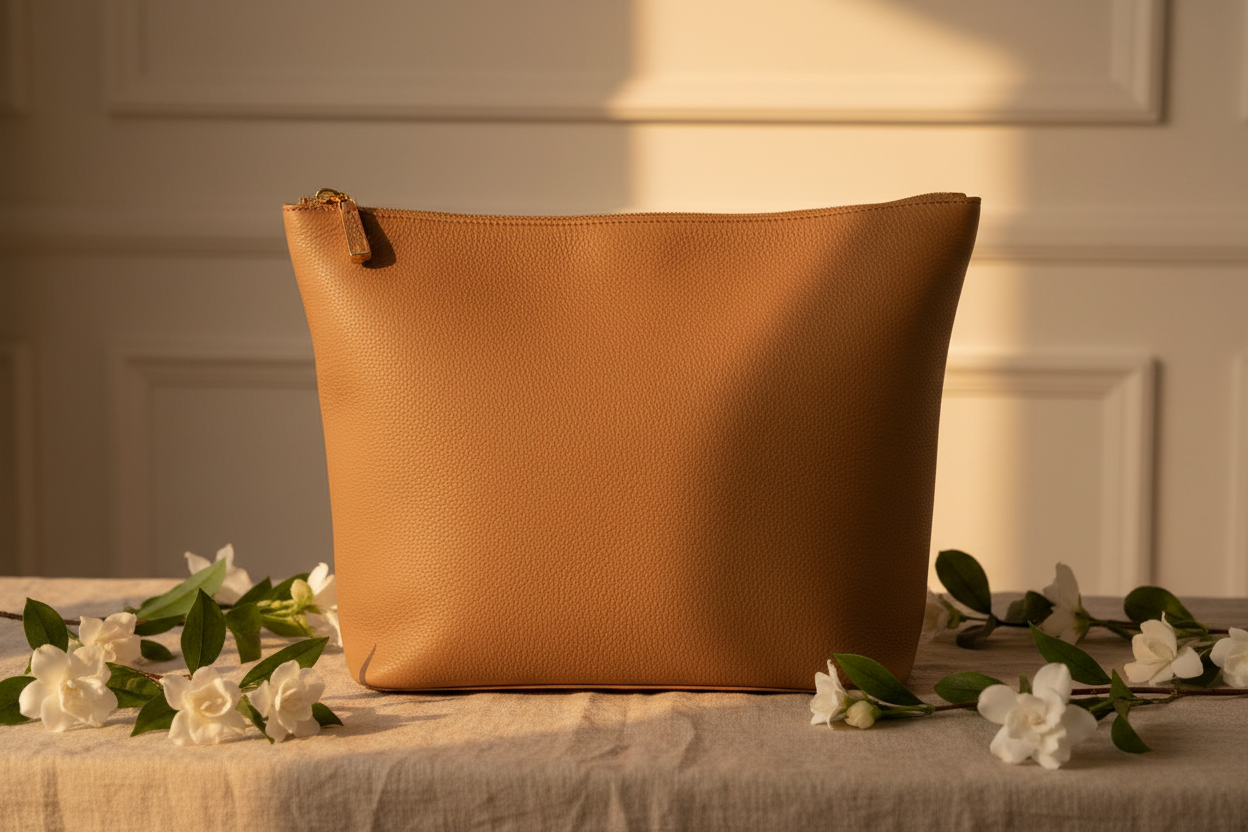 Camel leather luxury tote bag with gold zipper and white flowers