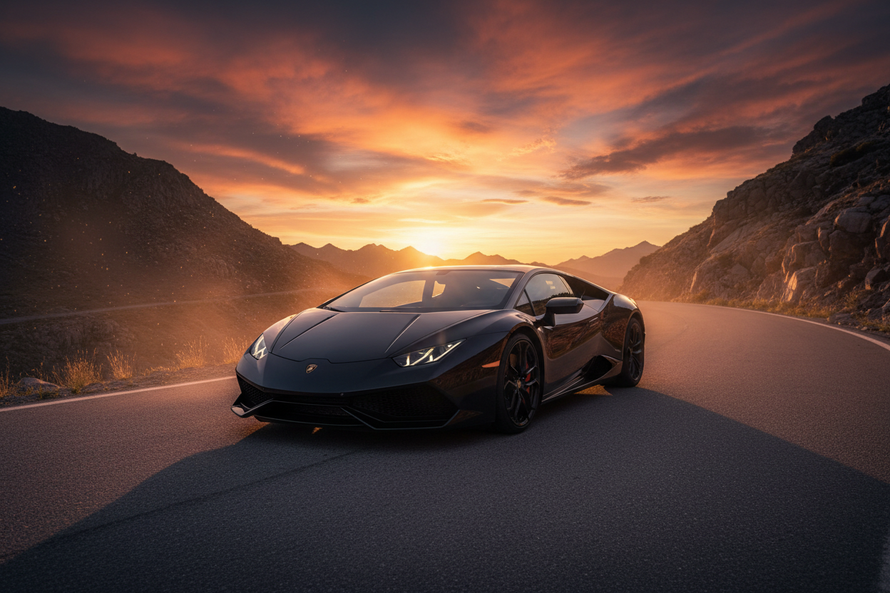 Black Lamborghini Huracán on mountain road at sunset
