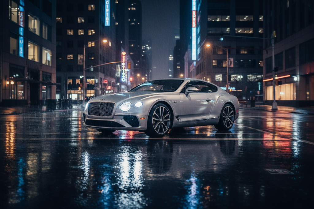Silver Bentley Continental GT on wet city street at night