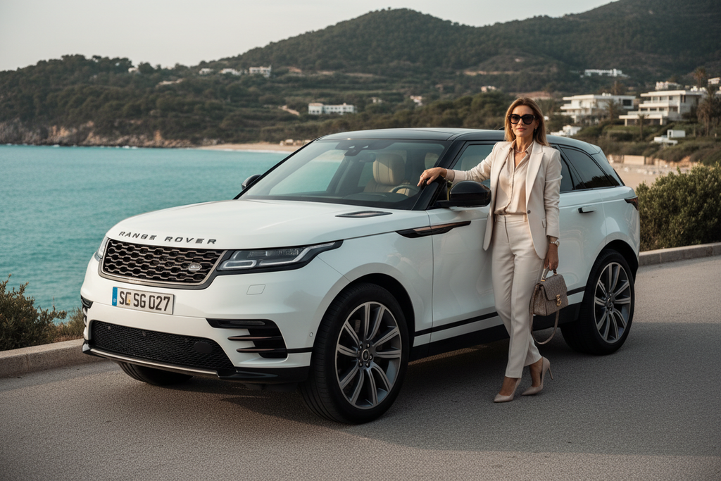 White luxury SUV with elegant woman