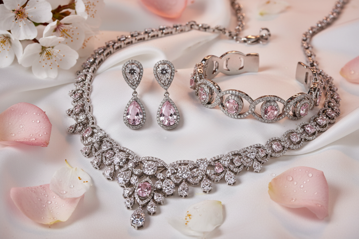 Sterling silver gemstone jewelry set for women with flower petals