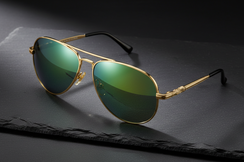 Luxury men's gold aviator sunglasses with green mirror lenses