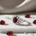 Silver red garnet ring